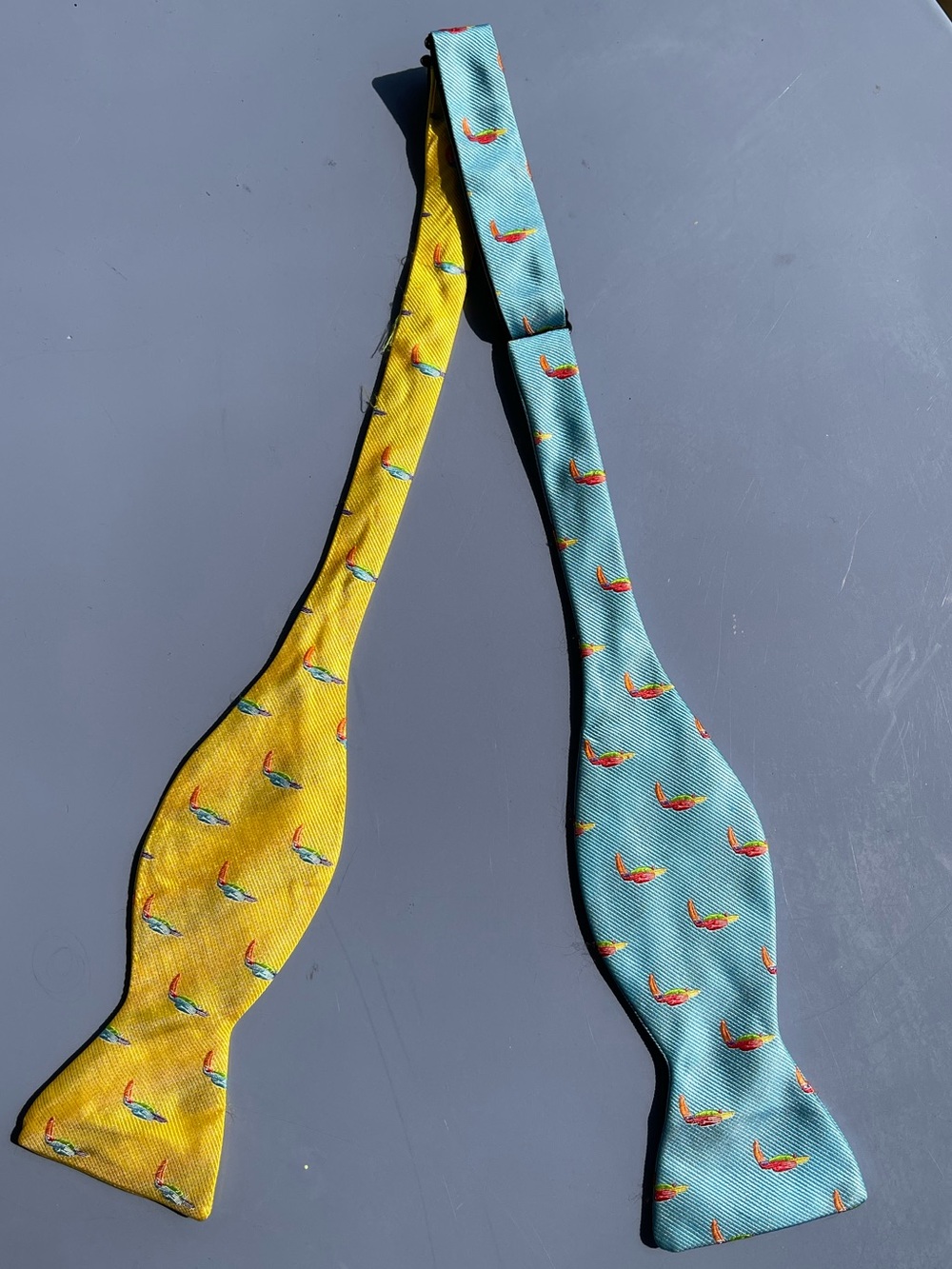 Two patterned Yellow and Teal Bird Pattern 100% Silk Bow Tie